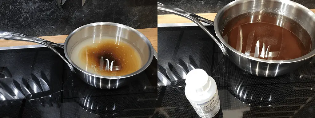 sh Invertzucker 2+3 384px Herstellung von Invertzucker für das Bierbrauen: Vergleich von heller und dunkler Zuckerlösung im Kochtopf auf dem Herd