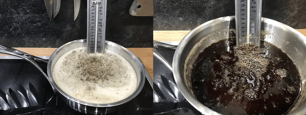 sh Invertzucker 4+5 152px Vergleich der Farbvariationen bei der Herstellung von Brewers Invert Brausirup mit Zuckerthermometer im Topf