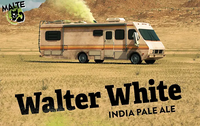 Das Wohnmobil von Walter White und Jesse Pinkman aus Breaking Bad in der Wüste als Motiv für ein India Pale Ale Bier