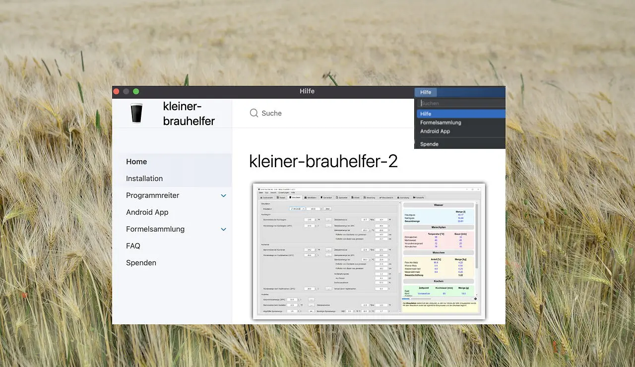 sh KBH2 01 Hilfe 740px Das von Pitastic neugestaltete Hilfemenü der Brausoftware Kleiner Brauhelfer 2 vor einer Kulisse aus Gerstenfeldern.