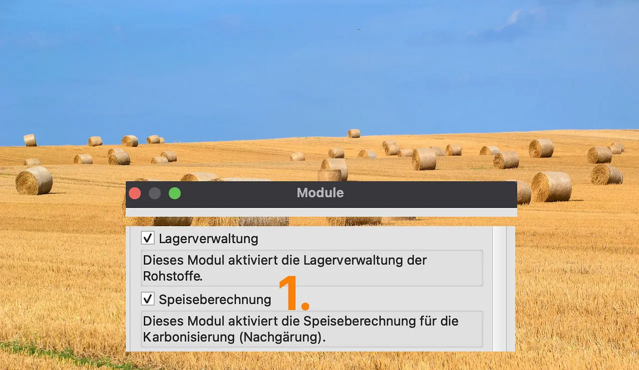 sh KBH2 03 Module 741px Das Modul-Menü der Brausoftware Kleiner Brauhelfer 2 zeigt Optionen für Lagerverwaltung und Speiseberechnung an.