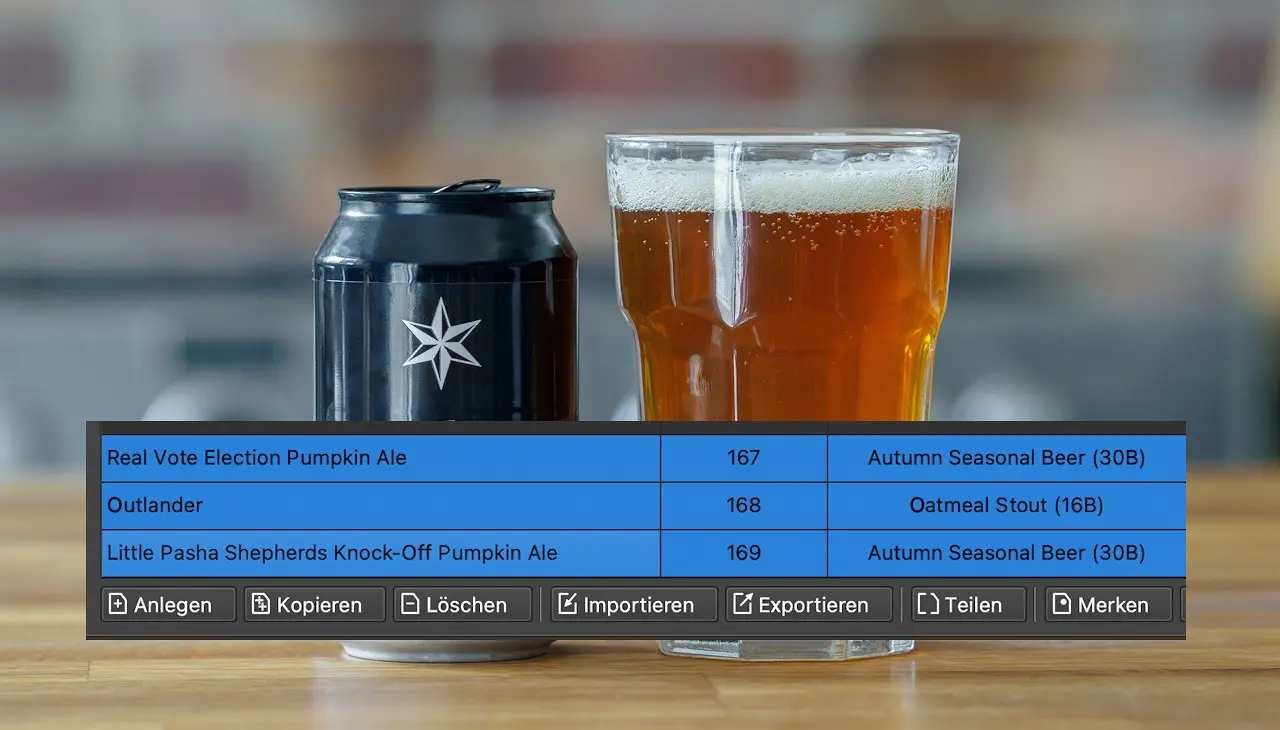 sh KBH2 07 Shift 730px Eine schwarze Bierdose mit Sternlogo und ein Glas Bier mit einer darübergelegten Tabelle zur Bierauswahl beim Brauen.