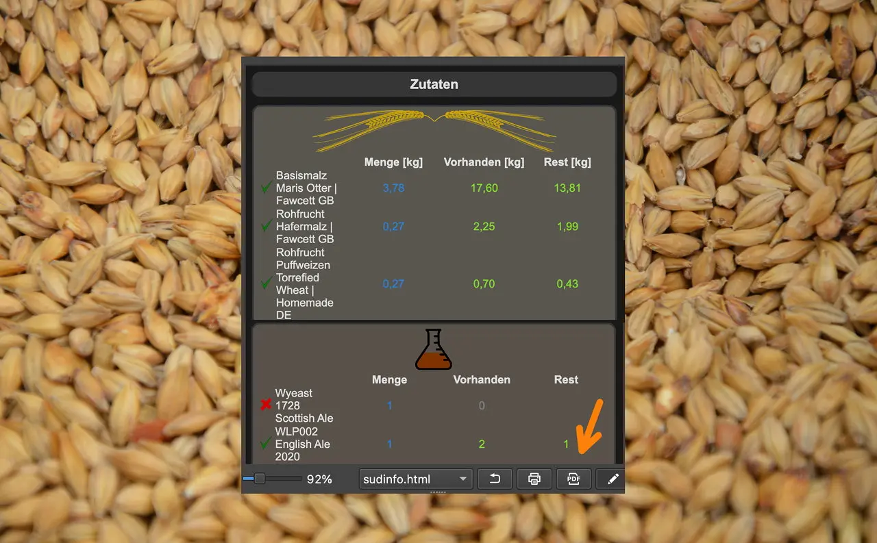 sh KBH2 08 Zutaten 793px Übersicht der Zutatenliste für das Bierbrauen mit Malzsorten und Hefe für das Rezept in der Brau-Software StubbyHobbs