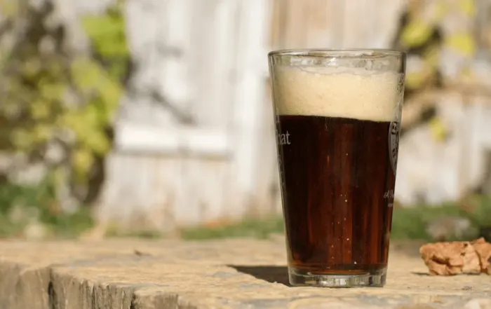 Ein Glas handwerklich gebrautes Brown Ale von Stubby Hobbs, präsentiert im Freien auf einem steinernen Untergrund.
