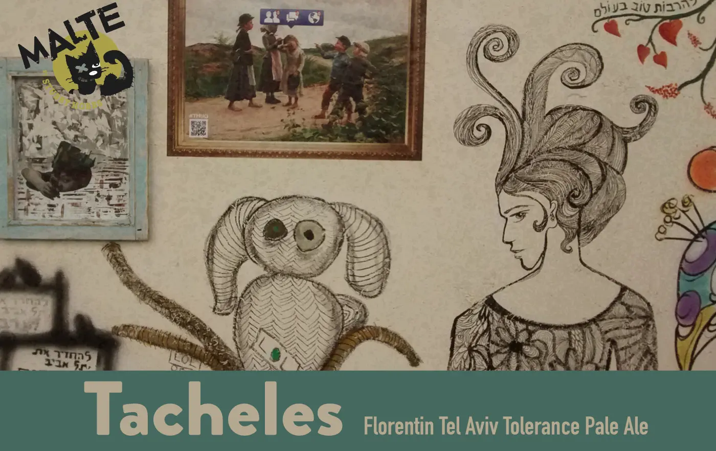 Kunstvolles Wandgemälde mit Tacheles-Motiven, illustrierten Figuren und Graffiti im Stadtviertel Florentin in Tel Aviv