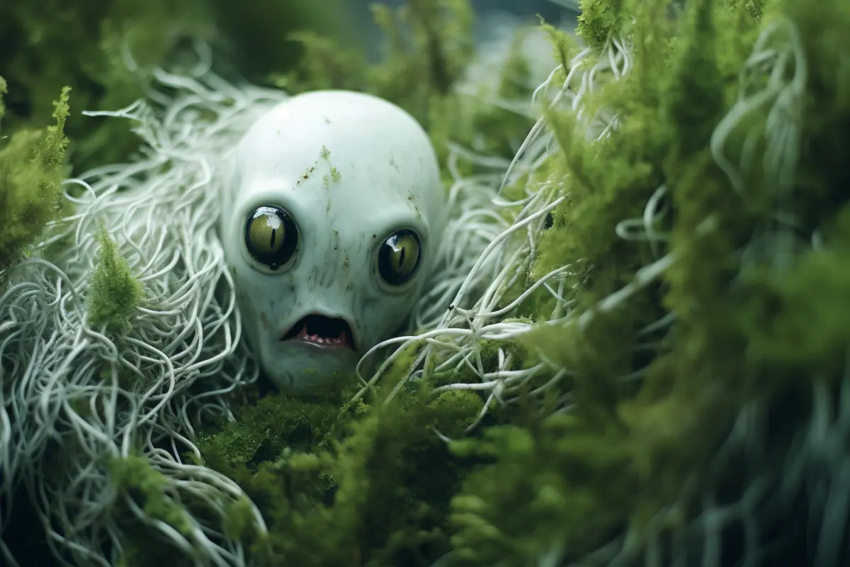 sh Pumpkin Monster 800px Ein unheimliches Kürbis-Monster versteckt sich in grünen Moos-Fasern, eine KI-Illustration zum Thema Pumpkin Ale brauen.