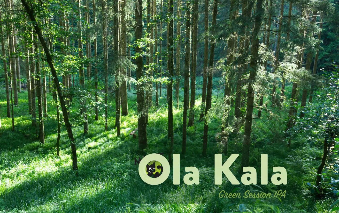 Ola Kala Green Session IPA Markenlogo vor einem sehr grünen, sonnendurchfluteten Wald im Ilztal mit vielen Baumstämmen